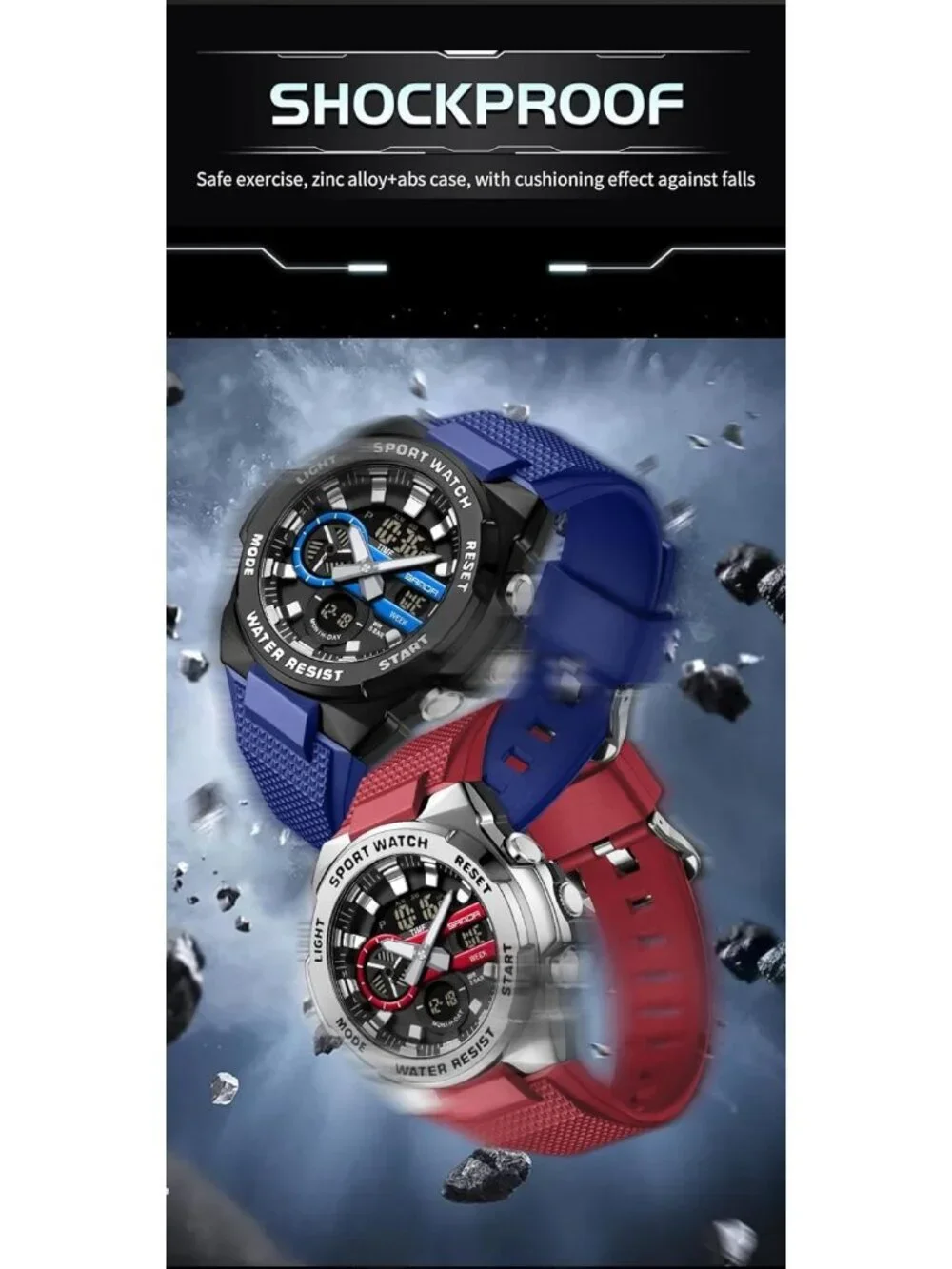 Men's Red Silver Analog Quartz Electronic Military Multifunction Digital Watch
